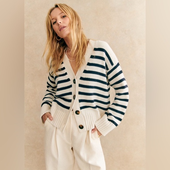 Sezane Sweaters - SÉZANE Wool Cotton Blend “Wilson” Cardigan | Ecru/Navy Stripes